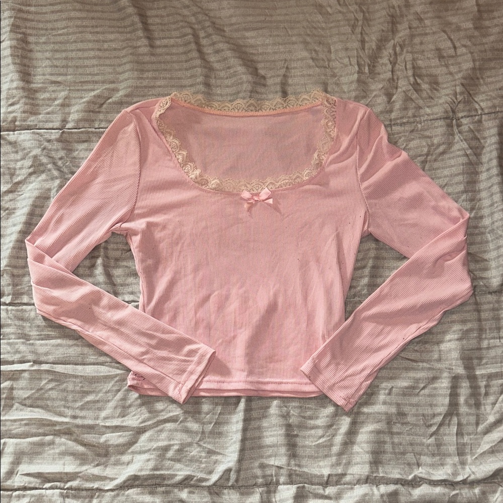 Pink Lace-Trim Long Sleeve Women’s Top